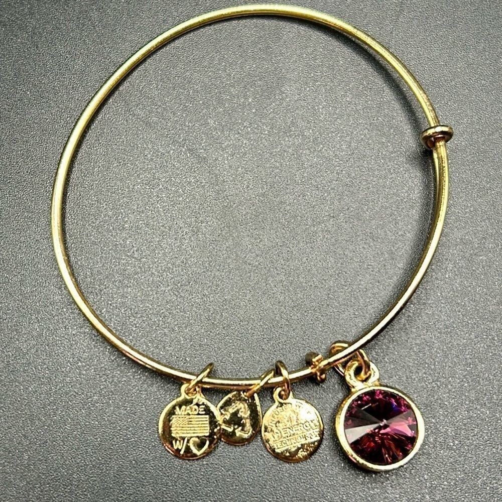 Alex and Ani Expandable Coppure Gold Charm Bangle Bracelet Purple Glass Stone